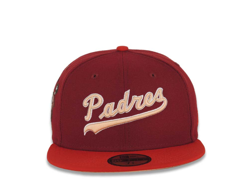 San Diego Padres New Era MLB 59FIFTY 5950 Fitted Cap Hat Cardinal Crown Red Visor Peach/White Script Logo Catching Friar Side Patch Peach UV
