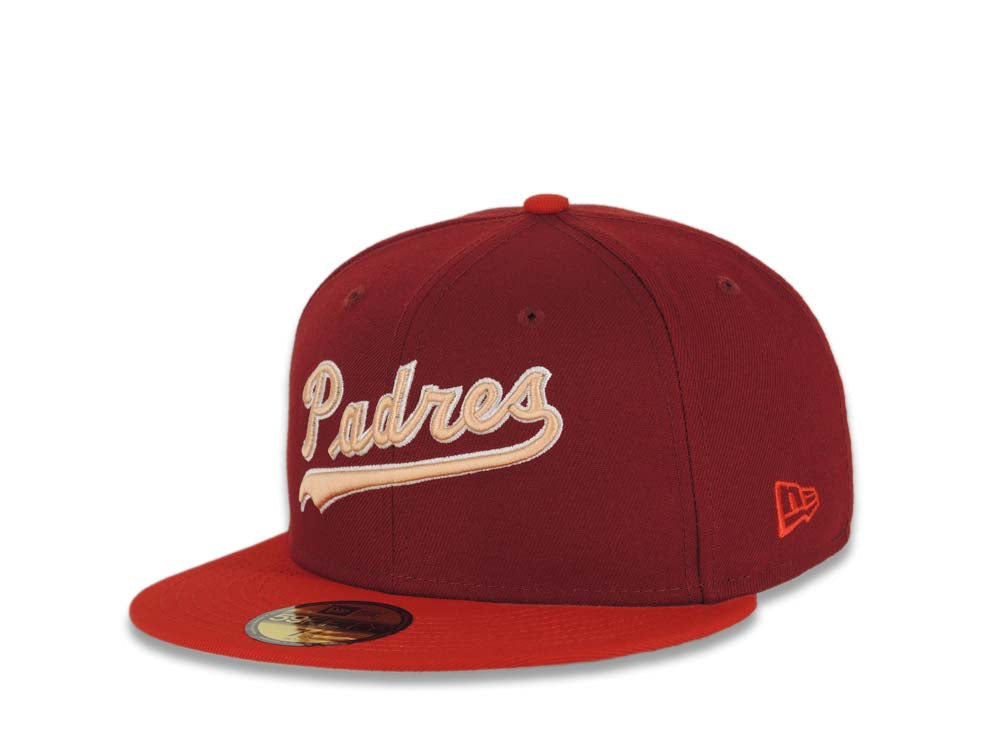 San Diego Padres New Era MLB 59FIFTY 5950 Fitted Cap Hat Cardinal Crown Red Visor Peach/White Script Logo Catching Friar Side Patch Peach UV