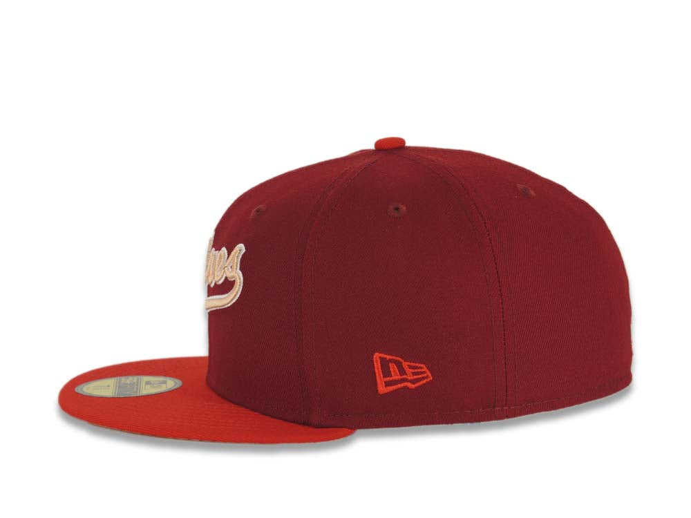 San Diego Padres New Era MLB 59FIFTY 5950 Fitted Cap Hat Cardinal Crown Red Visor Peach/White Script Logo Catching Friar Side Patch Peach UV