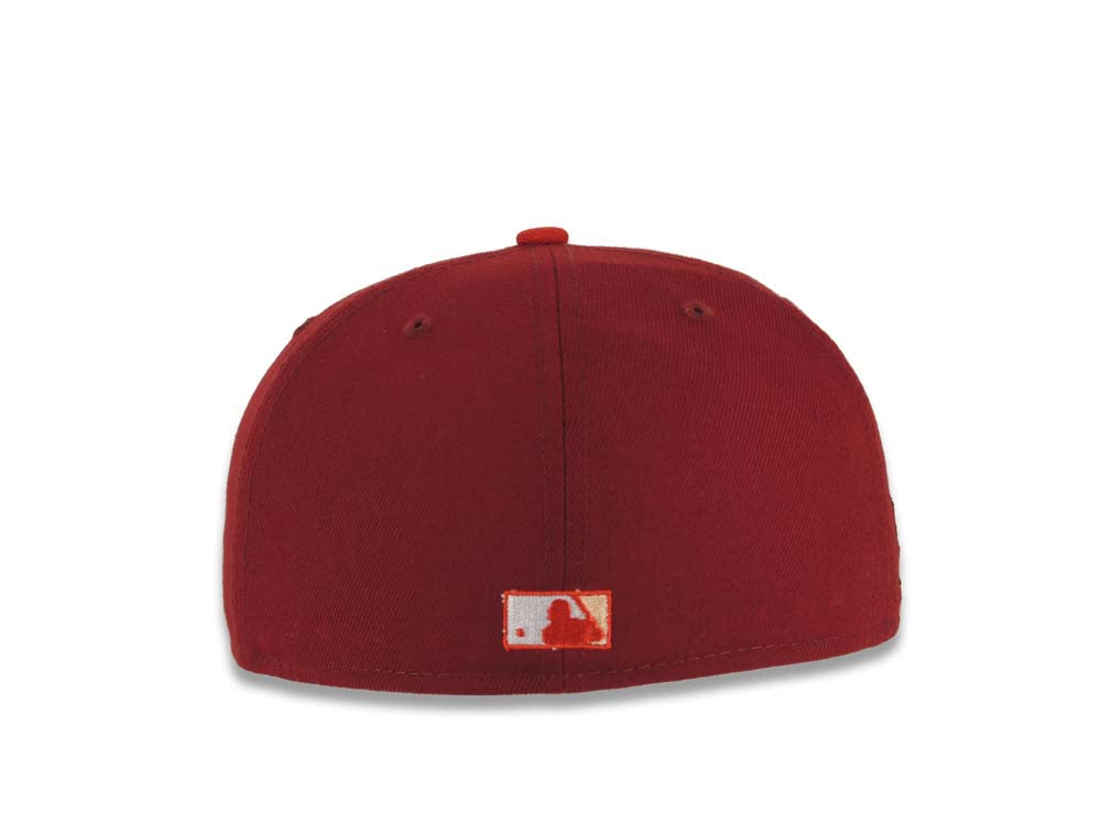 San Diego Padres New Era MLB 59FIFTY 5950 Fitted Cap Hat Cardinal Crown Red Visor Peach/White Script Logo Catching Friar Side Patch Peach UV