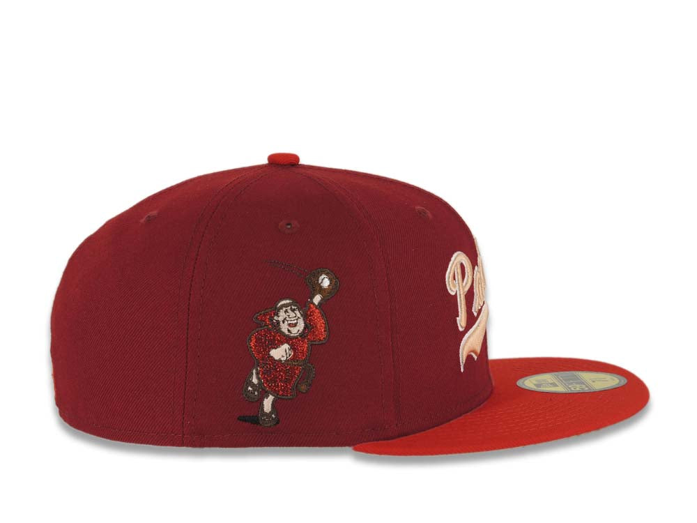 San Diego Padres New Era MLB 59FIFTY 5950 Fitted Cap Hat Cardinal Crown Red Visor Peach/White Script Logo Catching Friar Side Patch Peach UV