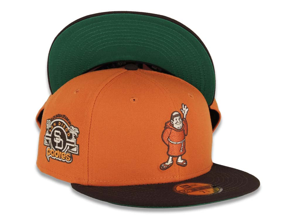 San Diego Padres New Era MLB 59FIFTY 5950 Fitted Cap Hat Orange Crown Brown Visor Orange Waving Friar Logo Stadium Side Patch Green UV