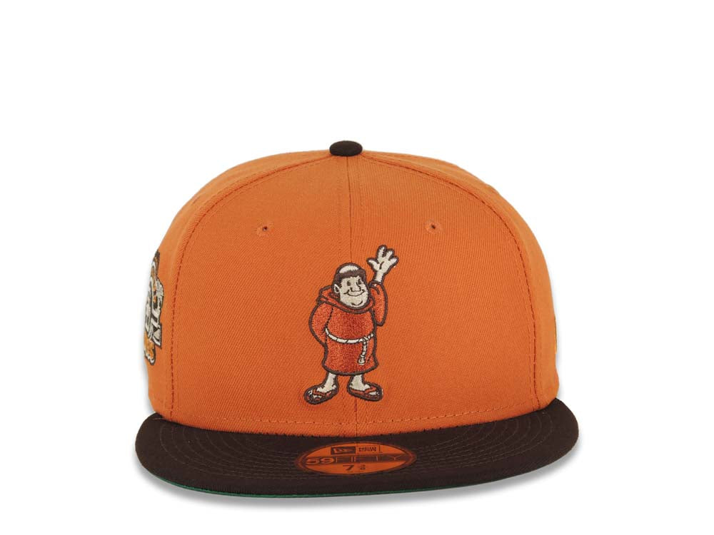 San Diego Padres New Era MLB 59FIFTY 5950 Fitted Cap Hat Orange Crown Brown Visor Orange Waving Friar Logo Stadium Side Patch Green UV