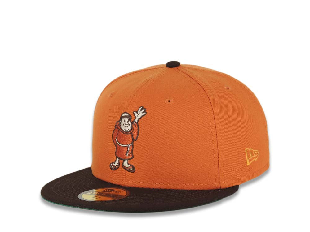 San Diego Padres New Era MLB 59FIFTY 5950 Fitted Cap Hat Orange Crown Brown Visor Orange Waving Friar Logo Stadium Side Patch Green UV