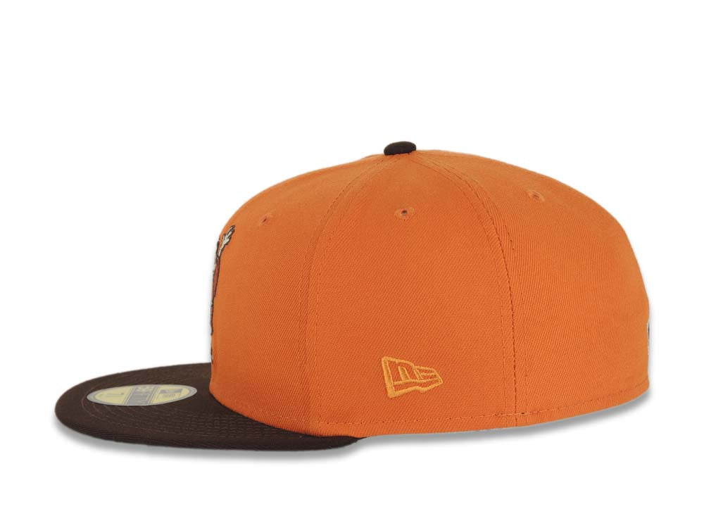 San Diego Padres New Era MLB 59FIFTY 5950 Fitted Cap Hat Orange Crown Brown Visor Orange Waving Friar Logo Stadium Side Patch Green UV