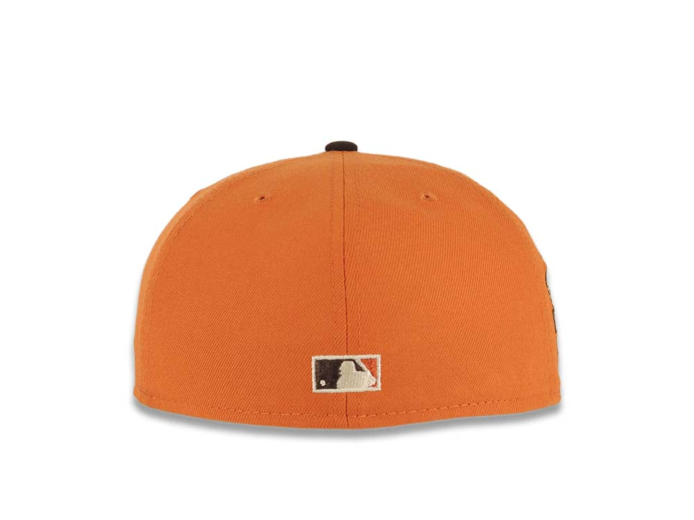 San Diego Padres New Era MLB 59FIFTY 5950 Fitted Cap Hat Orange Crown Brown Visor Orange Waving Friar Logo Stadium Side Patch Green UV