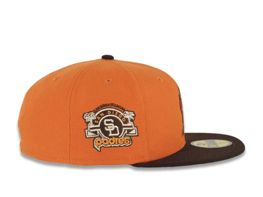San Diego Padres New Era MLB 59FIFTY 5950 Fitted Cap Hat Orange Crown Brown Visor Orange Waving Friar Logo Stadium Side Patch Green UV