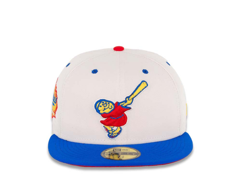 San Diego Padres New Era MLB 59FIFTY 5950 Fitted Cap Hat White Crown Blue Visor Red/Yellow Swinging Friar Logo Established 1969 Side Patch