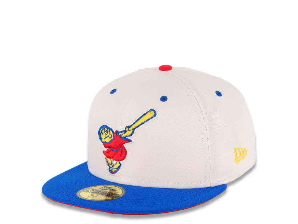 San Diego Padres New Era MLB 59FIFTY 5950 Fitted Cap Hat White Crown Blue Visor Red/Yellow Swinging Friar Logo Established 1969 Side Patch
