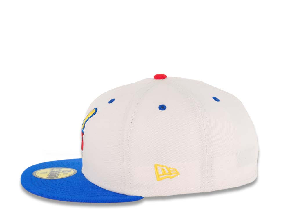 San Diego Padres New Era MLB 59FIFTY 5950 Fitted Cap Hat White Crown Blue Visor Red/Yellow Swinging Friar Logo Established 1969 Side Patch