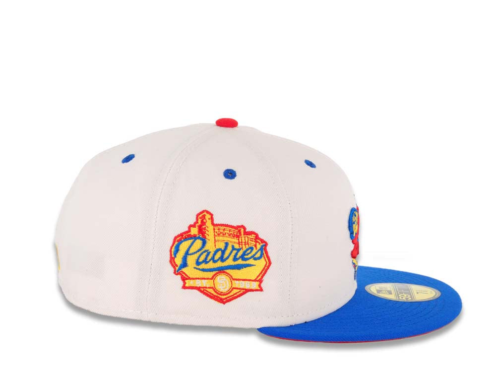 San Diego Padres New Era MLB 59FIFTY 5950 Fitted Cap Hat White Crown Blue Visor Red/Yellow Swinging Friar Logo Established 1969 Side Patch