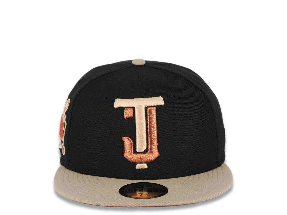 Toros de Tijuana New Era LMB 59FIFTY 5950 Fitted Cap Hat Black Crown Khaki Visor Metallic Brown/Peach Logo Desarollo Toros Side Patch Dark Orange UV