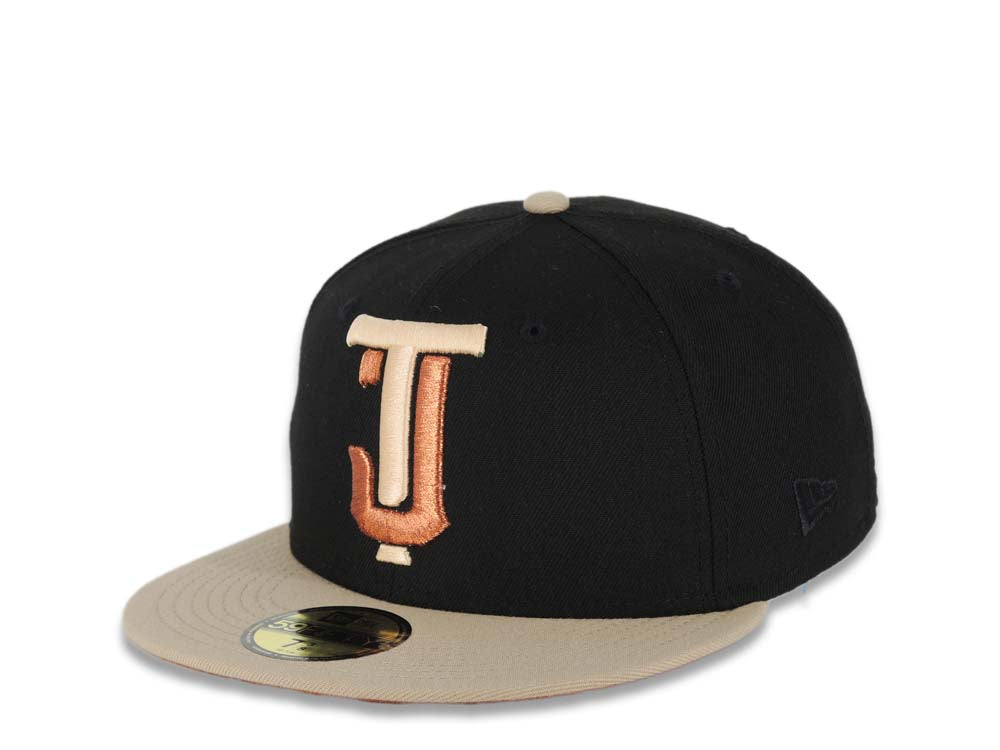 Toros de Tijuana New Era LMB 59FIFTY 5950 Fitted Cap Hat Black Crown Khaki Visor Metallic Brown/Peach Logo Desarollo Toros Side Patch Dark Orange UV