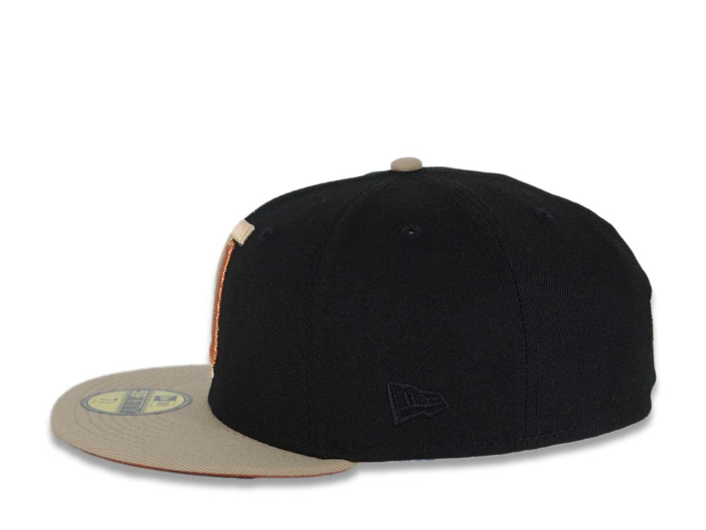 Toros de Tijuana New Era LMB 59FIFTY 5950 Fitted Cap Hat Black Crown Khaki Visor Metallic Brown/Peach Logo Desarollo Toros Side Patch Dark Orange UV