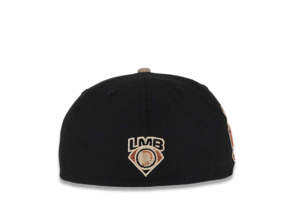 Toros de Tijuana New Era LMB 59FIFTY 5950 Fitted Cap Hat Black Crown Khaki Visor Metallic Brown/Peach Logo Desarollo Toros Side Patch Dark Orange UV