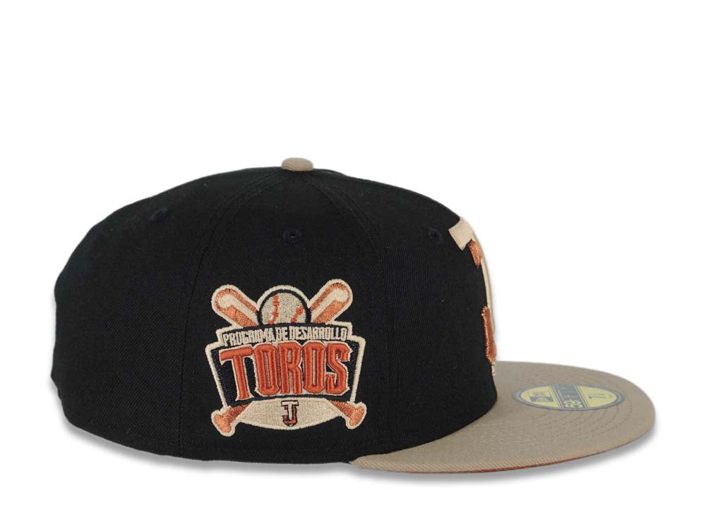 Toros de Tijuana New Era LMB 59FIFTY 5950 Fitted Cap Hat Black Crown Khaki Visor Metallic Brown/Peach Logo Desarollo Toros Side Patch Dark Orange UV