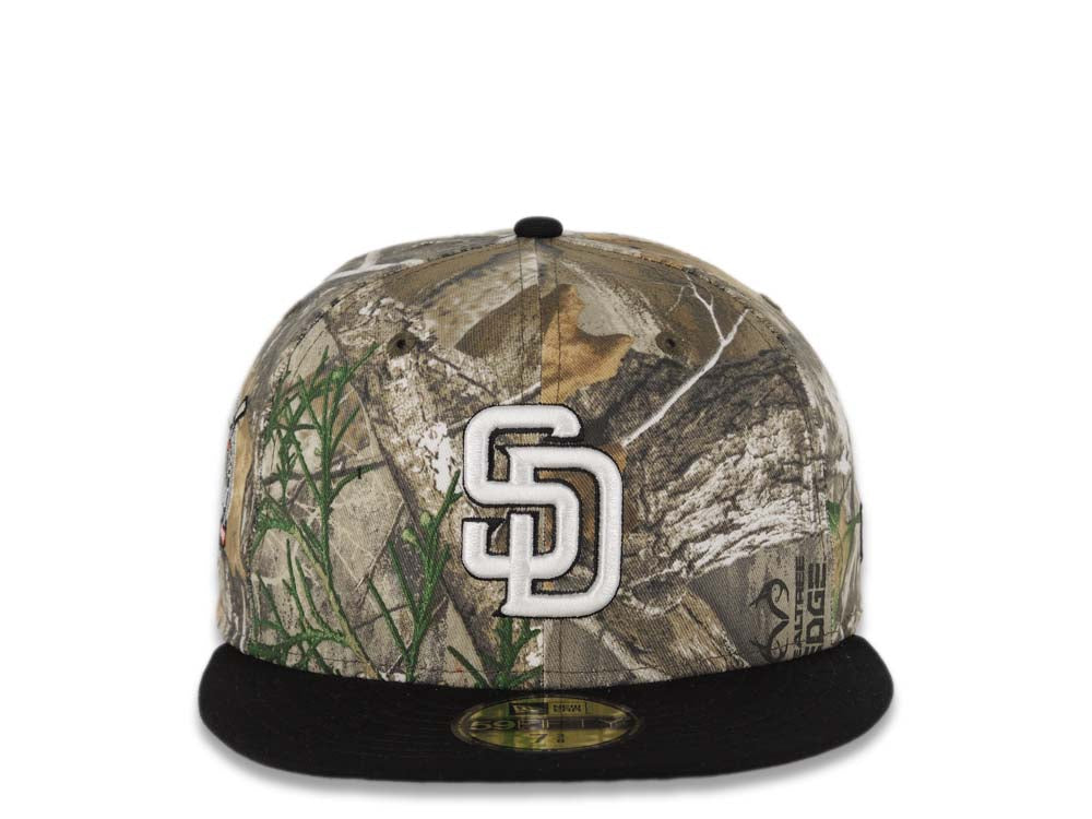 San Diego Padres New Era MLB 59FIFTY 5950 Fitted Cap Hat Real Tree Edge Camo Crown Black Visor White/Black Logo 40th Anniversary Side Patch Gray UV