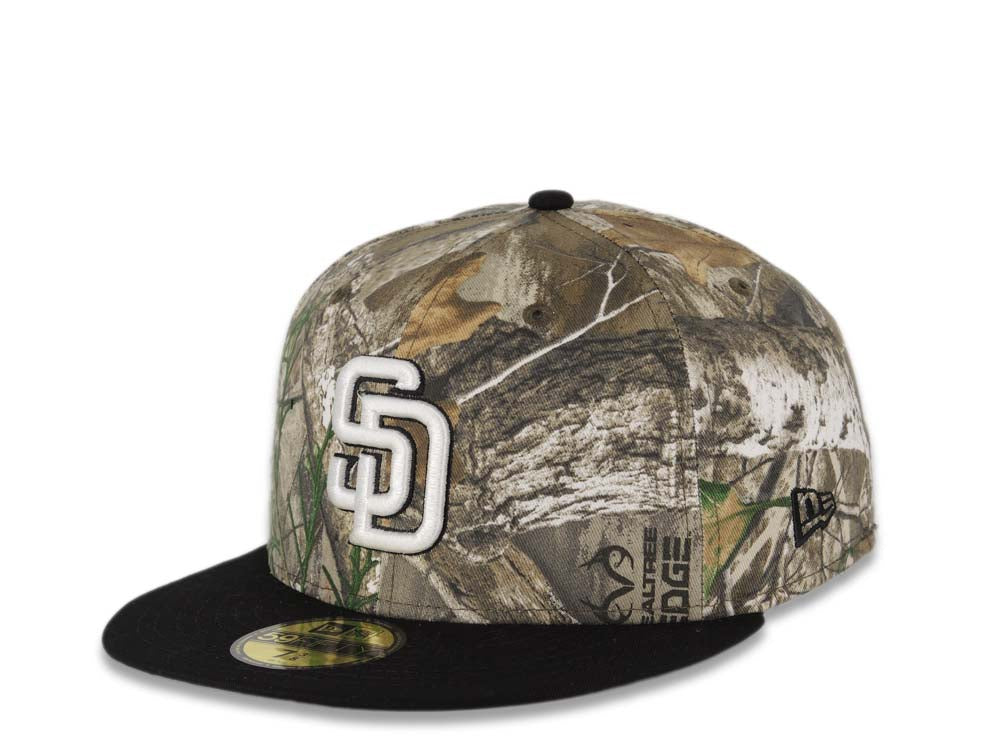 San Diego Padres New Era MLB 59FIFTY 5950 Fitted Cap Hat Real Tree Edge Camo Crown Black Visor White/Black Logo 40th Anniversary Side Patch Gray UV