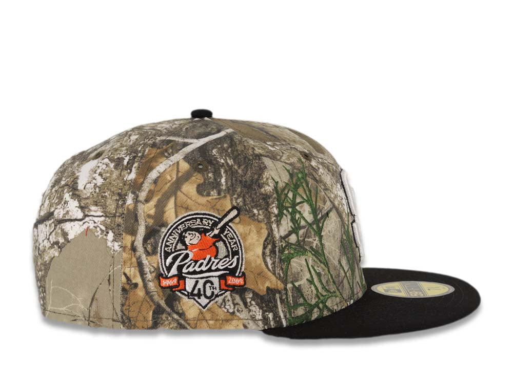 San Diego Padres New Era MLB 59FIFTY 5950 Fitted Cap Hat Real Tree Edge Camo Crown Black Visor White/Black Logo 40th Anniversary Side Patch Gray UV