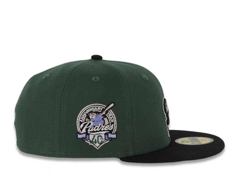 San Diego Padres New Era MLB 59FIFTY 5950 Fitted Cap Hat Green Crown Black Visor Black/Pale Purple Swinging Friar Logo 40th Anniversary Side Patch