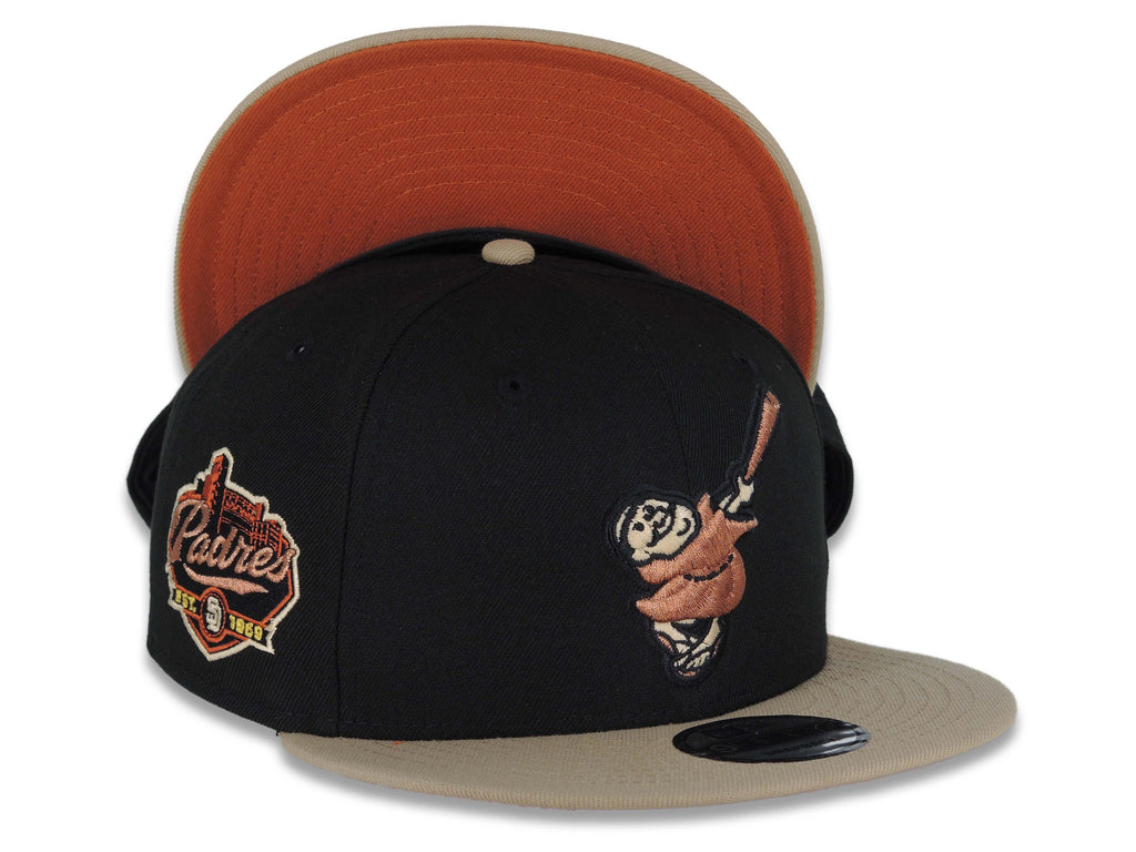 San Diego Padres New Era MLB 9FIFTY 950 Snapback Cap Hat Black Crown Khaki Visor Metallic Brown Swinging Friar Logo Established 1969 Side Patch Orange