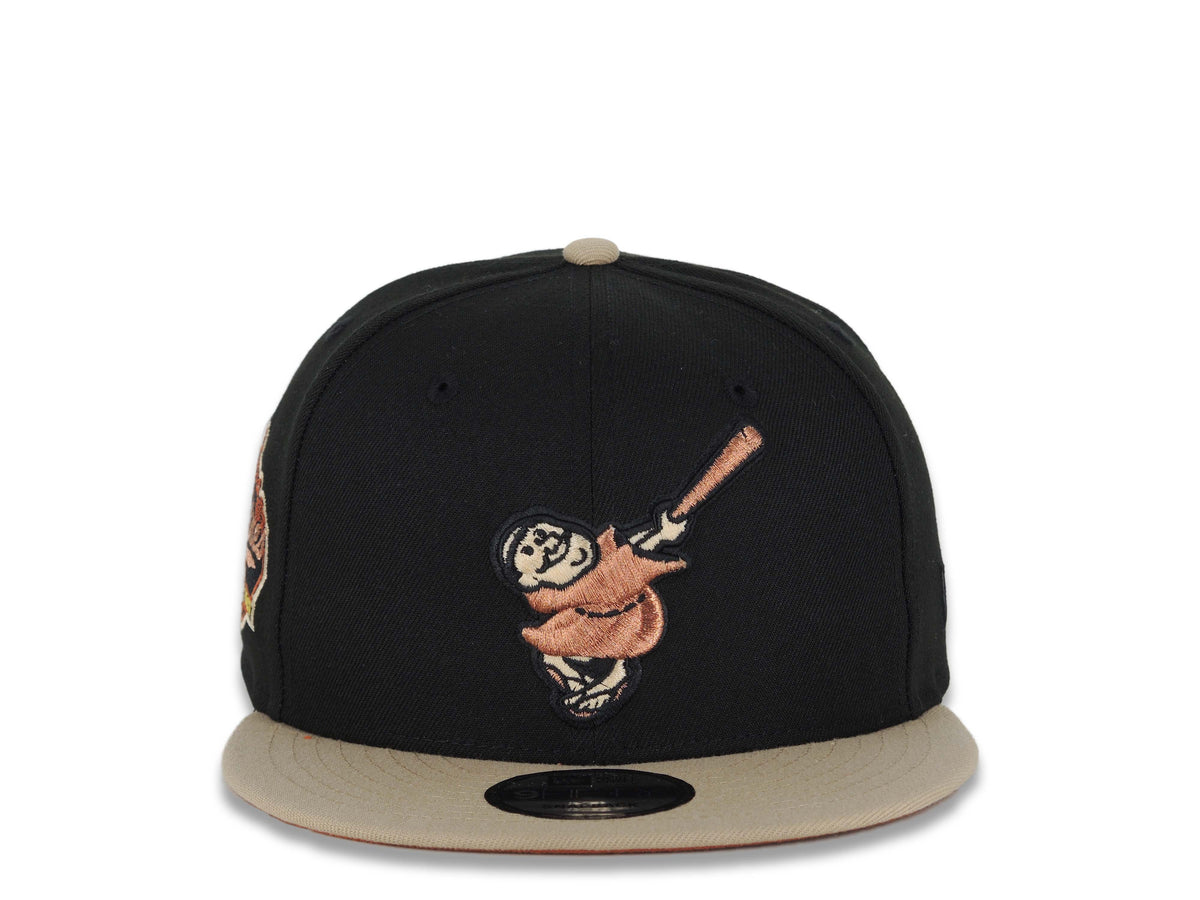 San Diego Padres New Era MLB 9FIFTY 950 Snapback Cap Hat Black Crown Khaki Visor Metallic Brown Swinging Friar Logo Established 1969 Side Patch Orange