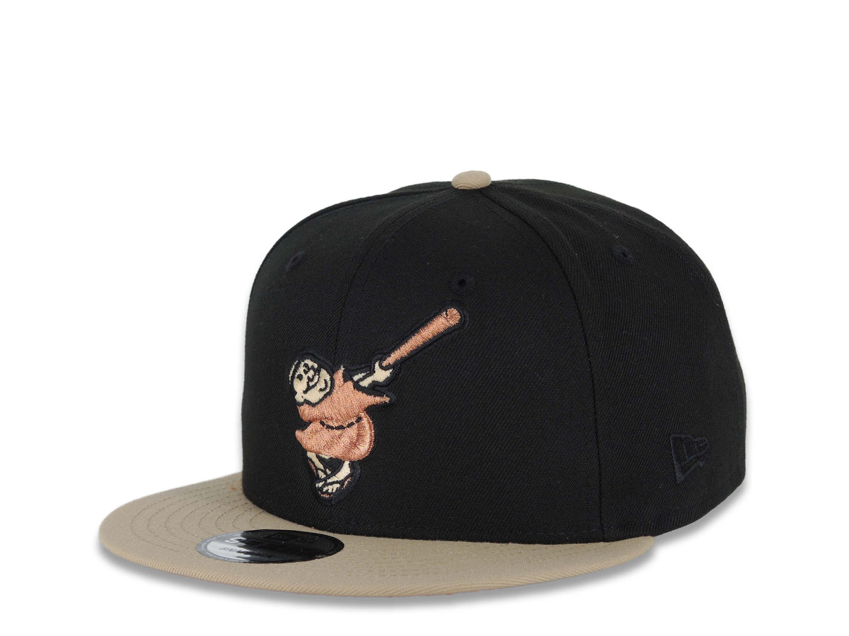 San Diego Padres New Era MLB 9FIFTY 950 Snapback Cap Hat Black Crown Khaki Visor Metallic Brown Swinging Friar Logo Established 1969 Side Patch Orange