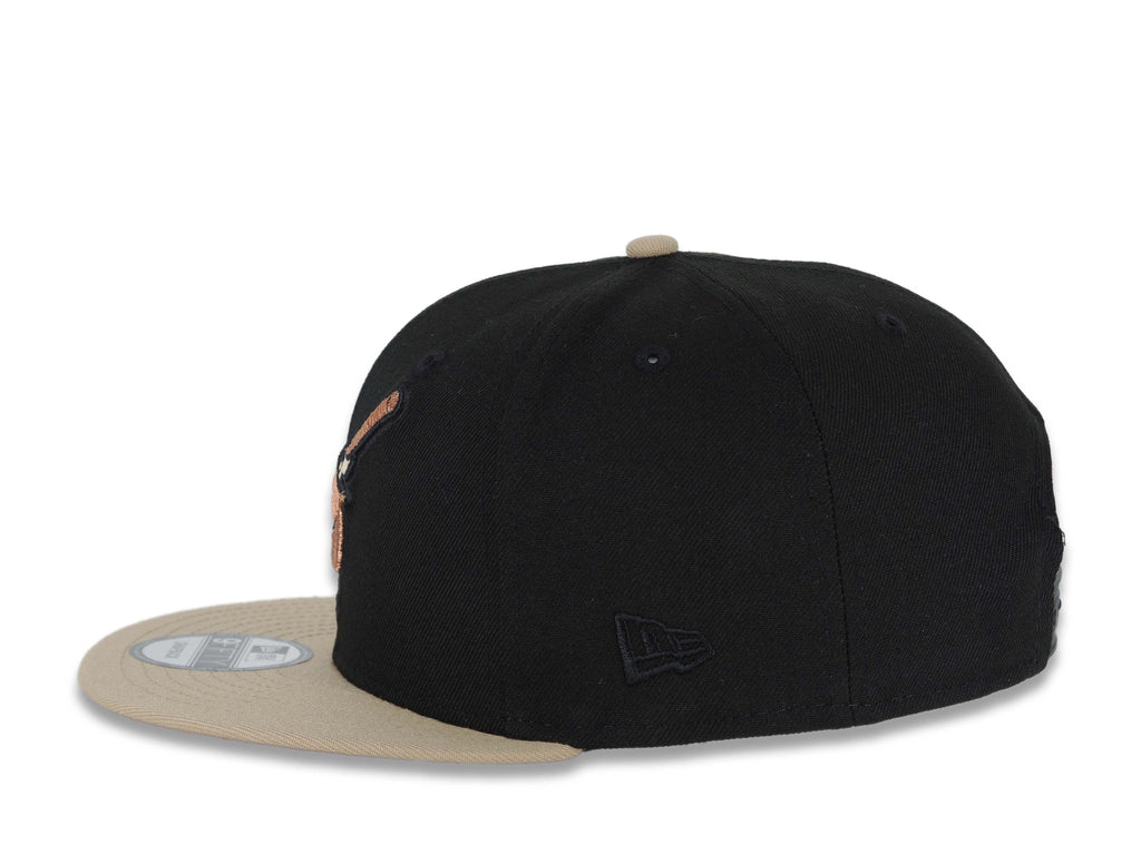 San Diego Padres New Era MLB 9FIFTY 950 Snapback Cap Hat Black Crown Khaki Visor Metallic Brown Swinging Friar Logo Established 1969 Side Patch Orange