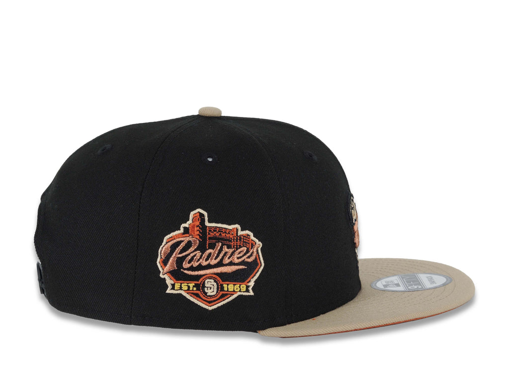 San Diego Padres New Era MLB 9FIFTY 950 Snapback Cap Hat Black Crown Khaki Visor Metallic Brown Swinging Friar Logo Established 1969 Side Patch Orange