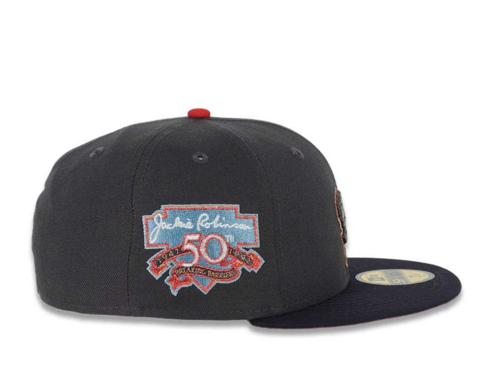 San Diego Padres New Era MLB 59FIFTY 5950 Fitted Cap Hat Graphite/Navy Metallic Black/Red Swinging Friar Jackie Robinson 50th Anniversary Side Patch