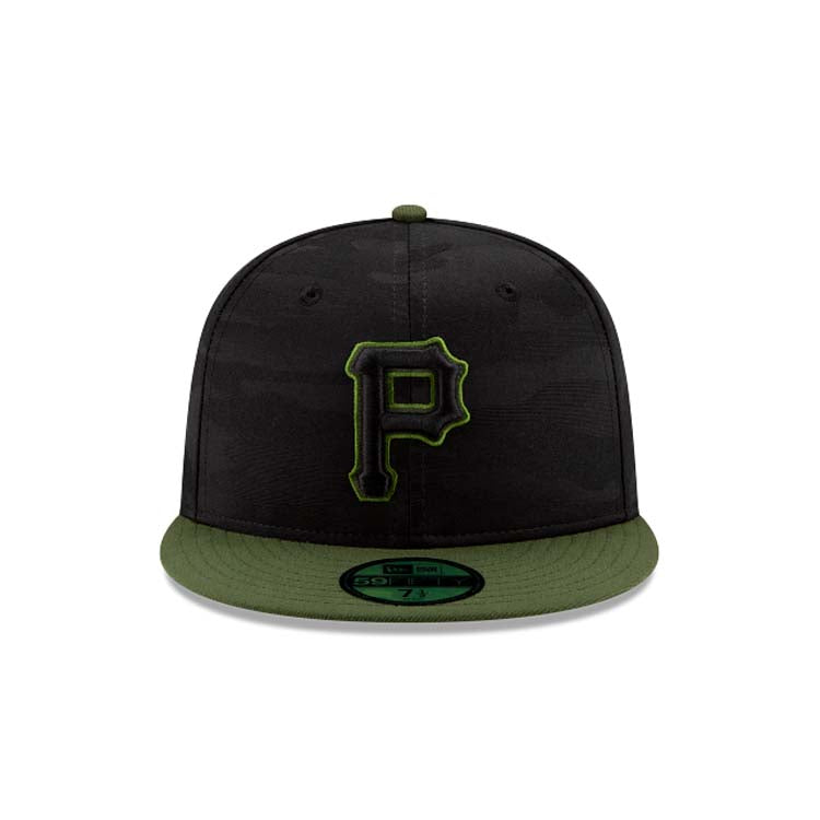 (Youth) Pittsburgh Pirates New Era MLB 59FIFTY 5950 Kids Fitted Cap Hat Black Camo Crown Olive Green Visor Black/Olive Logo