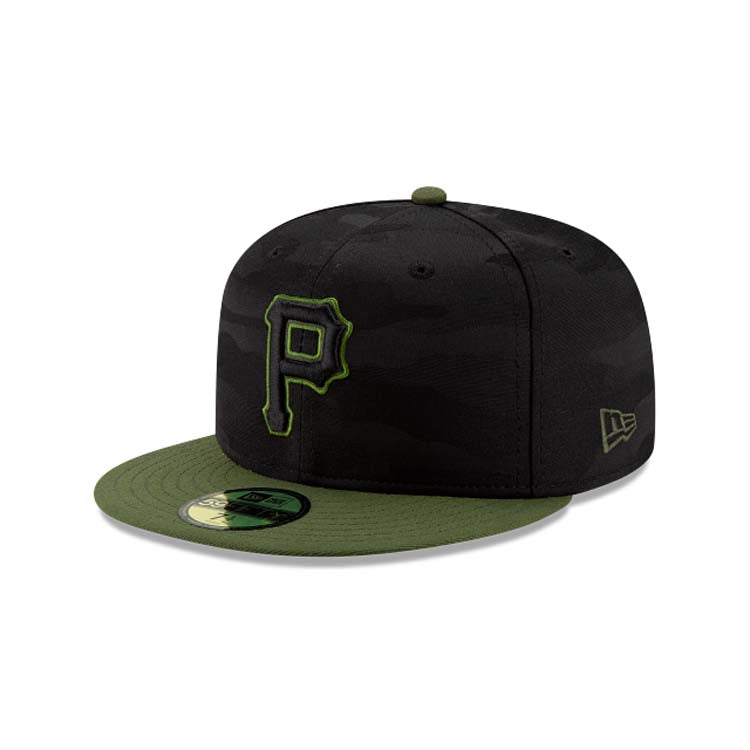 (Youth) Pittsburgh Pirates New Era MLB 59FIFTY 5950 Kids Fitted Cap Hat Black Camo Crown Olive Green Visor Black/Olive Logo