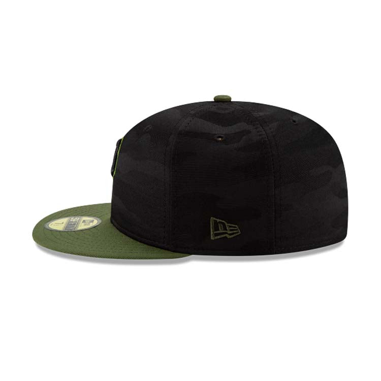 (Youth) Pittsburgh Pirates New Era MLB 59FIFTY 5950 Kids Fitted Cap Hat Black Camo Crown Olive Green Visor Black/Olive Logo