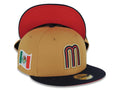 Mexico New Era 59FIFTY 5950 Fitted Cap Hat Tan Crown Navy Blue Visor Red/Navy/Metallic Gold Logo Red UV