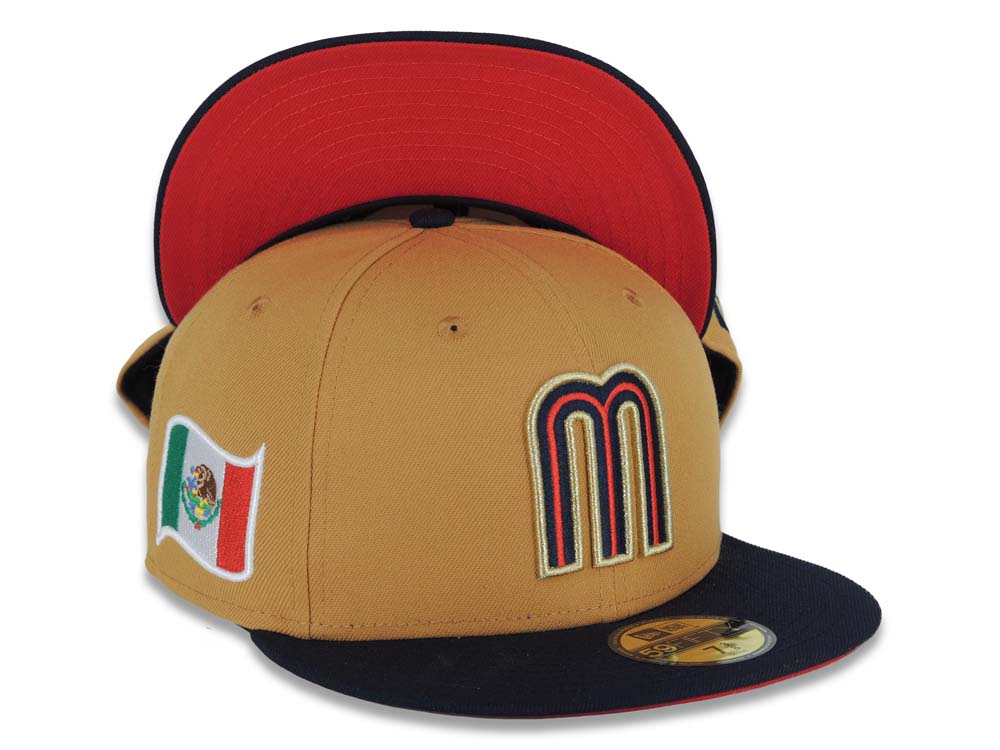 Mexico New Era 59FIFTY 5950 Fitted Cap Hat Tan Crown Navy Blue Visor Red/Navy/Metallic Gold Logo Red UV