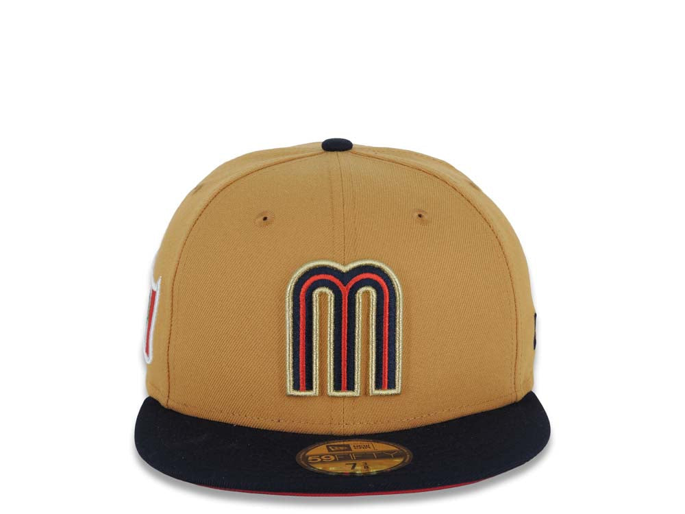 Mexico New Era 59FIFTY 5950 Fitted Cap Hat Tan Crown Navy Blue Visor Red/Navy/Metallic Gold Logo Red UV