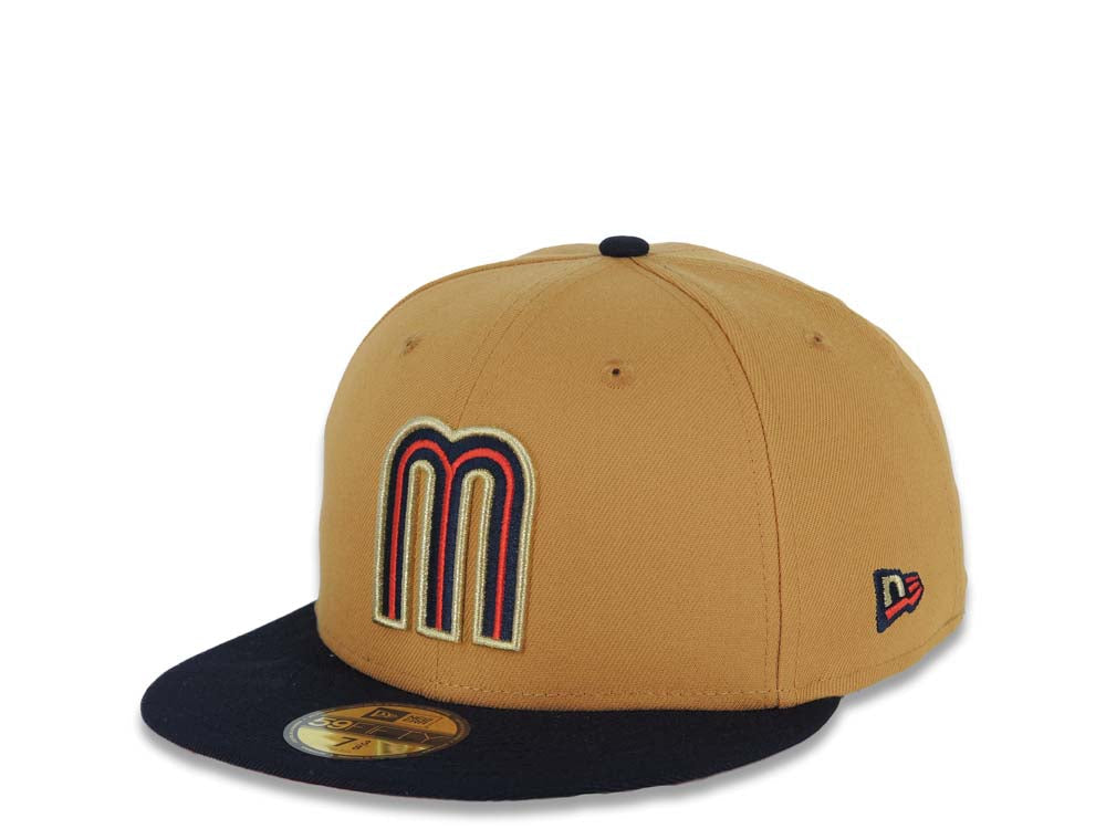 Mexico New Era 59FIFTY 5950 Fitted Cap Hat Tan Crown Navy Blue Visor Red/Navy/Metallic Gold Logo Red UV
