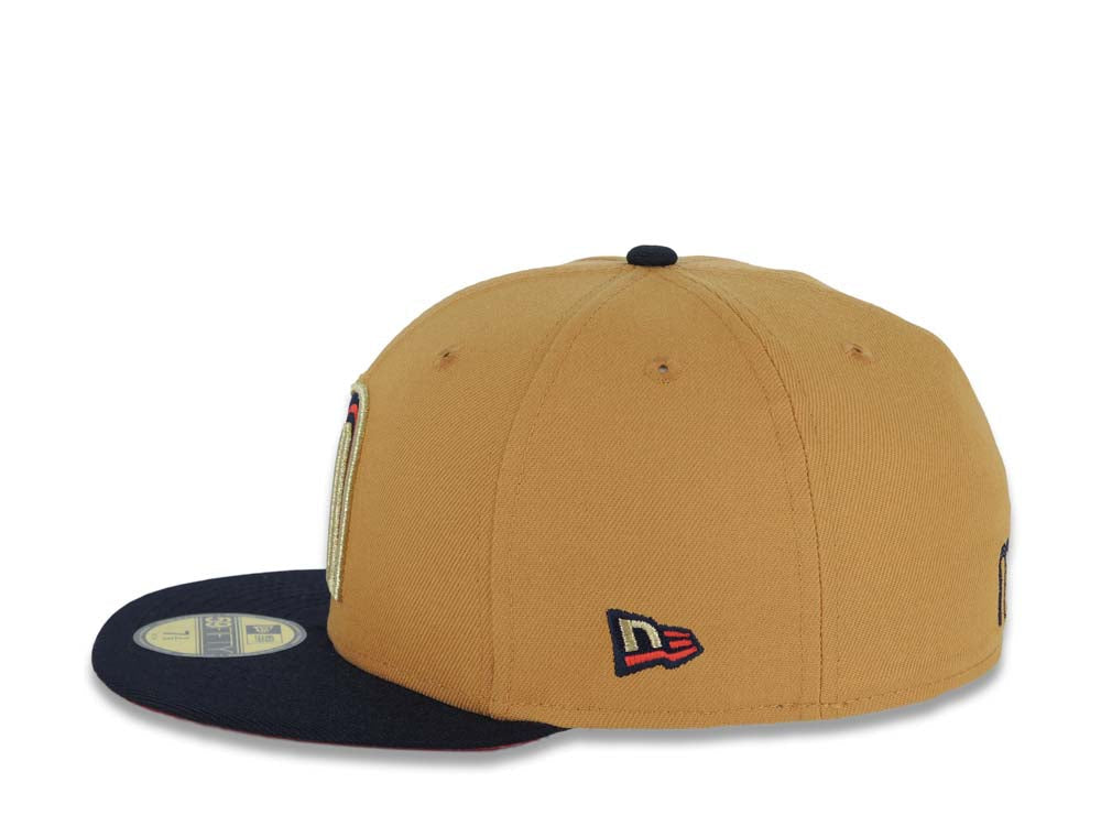 Mexico New Era 59FIFTY 5950 Fitted Cap Hat Tan Crown Navy Blue Visor Red/Navy/Metallic Gold Logo Red UV