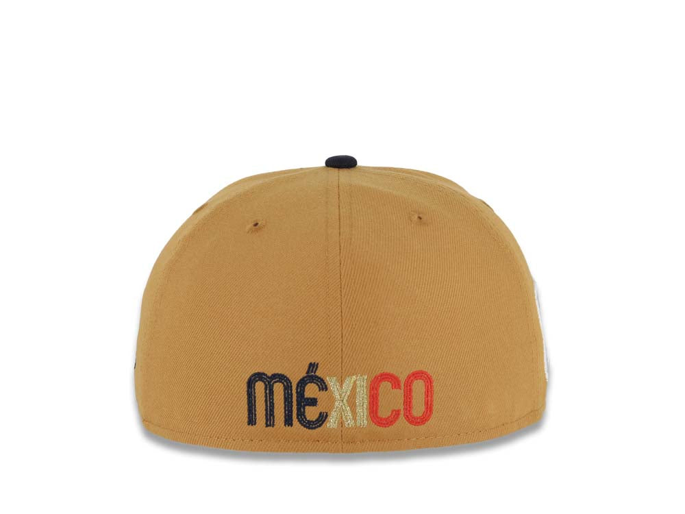 Mexico New Era 59FIFTY 5950 Fitted Cap Hat Tan Crown Navy Blue Visor Red/Navy/Metallic Gold Logo Red UV