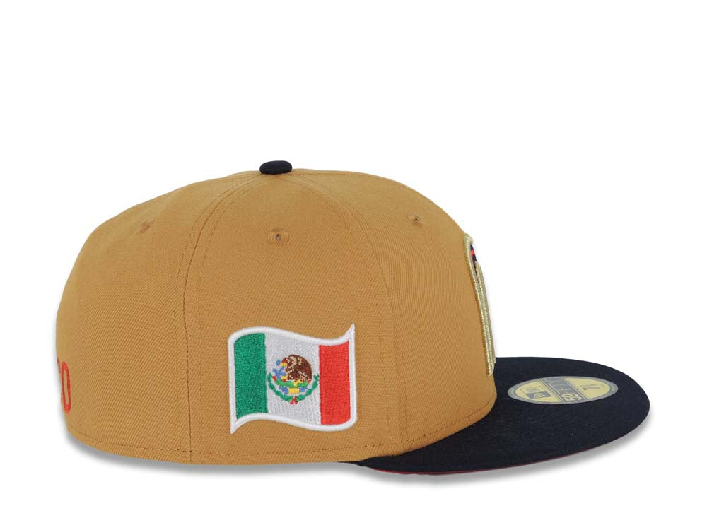 Mexico New Era 59FIFTY 5950 Fitted Cap Hat Tan Crown Navy Blue Visor Red/Navy/Metallic Gold Logo Red UV