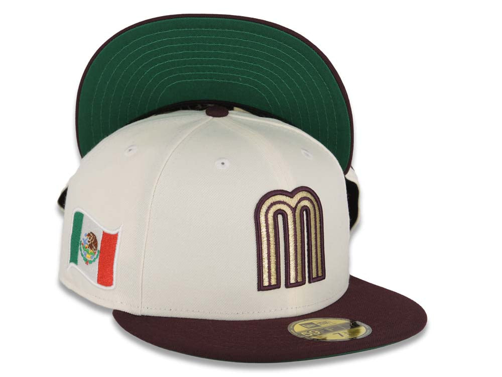 Mexico New Era 59FIFTY 5950 Fitted Cap Hat Cream Crown Maroon Visor Metallic Gold/Maroon Logo Green UV