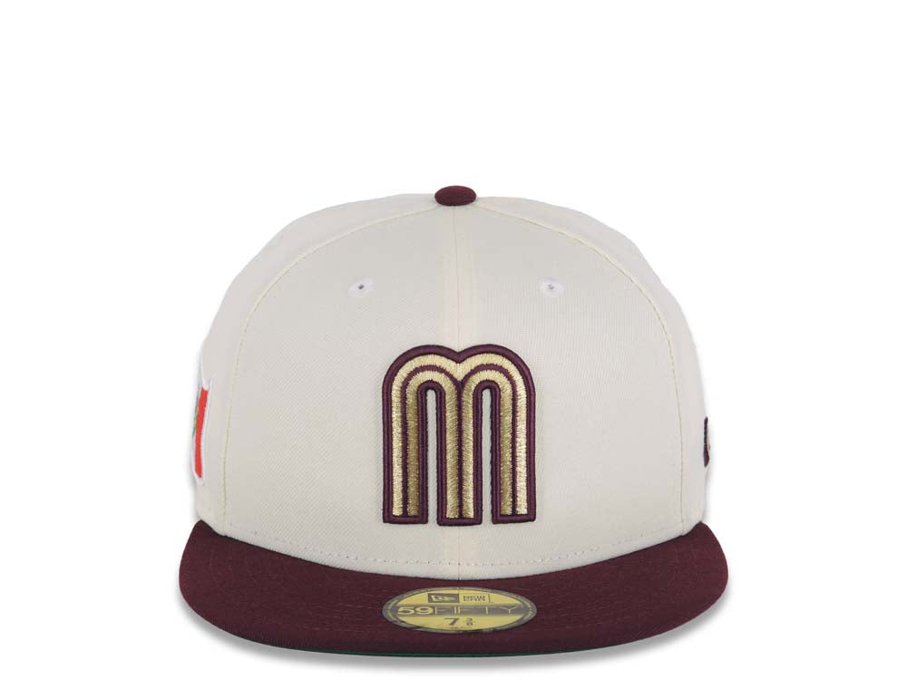 Mexico New Era 59FIFTY 5950 Fitted Cap Hat Cream Crown Maroon Visor Metallic Gold/Maroon Logo Green UV