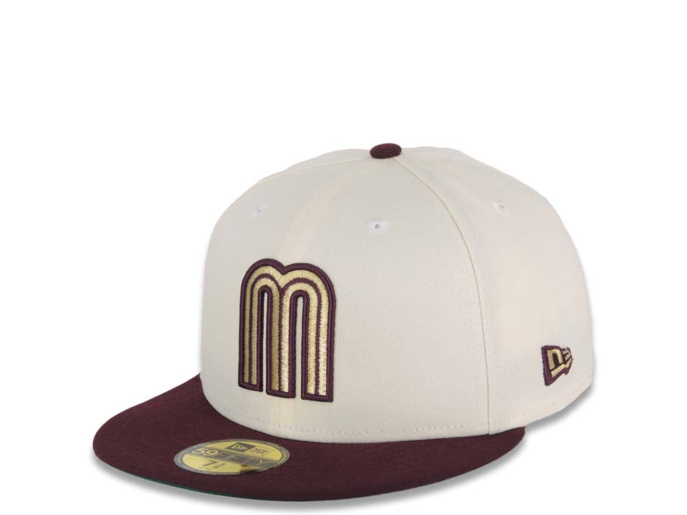 Mexico New Era 59FIFTY 5950 Fitted Cap Hat Cream Crown Maroon Visor Metallic Gold/Maroon Logo Green UV