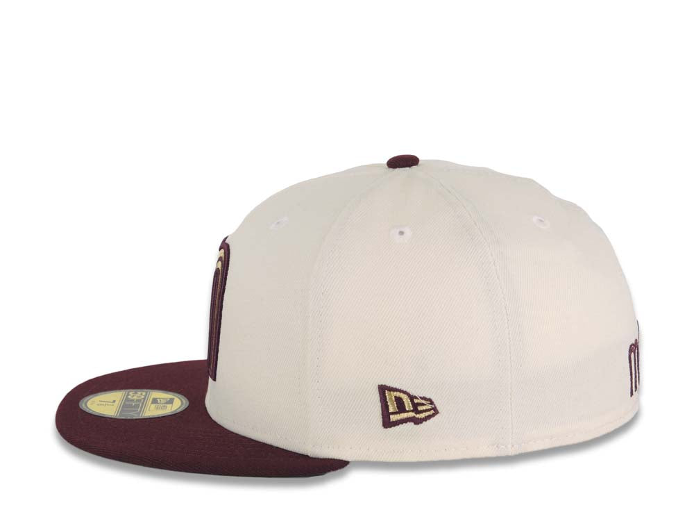 Mexico New Era 59FIFTY 5950 Fitted Cap Hat Cream Crown Maroon Visor Metallic Gold/Maroon Logo Green UV