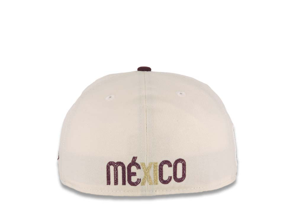 Mexico New Era 59FIFTY 5950 Fitted Cap Hat Cream Crown Maroon Visor Metallic Gold/Maroon Logo Green UV