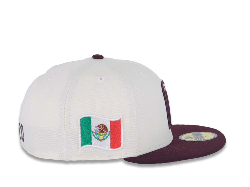 Mexico New Era 59FIFTY 5950 Fitted Cap Hat Cream Crown Maroon Visor Metallic Gold/Maroon Logo Green UV