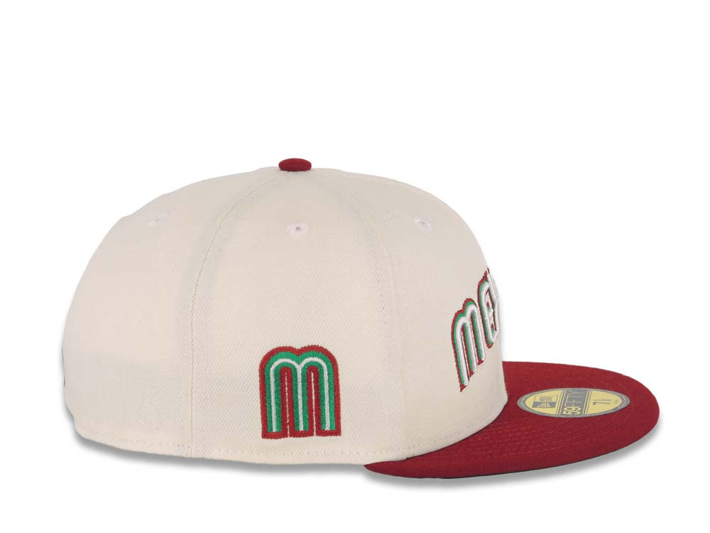 Mexico New Era World Baseball Classic WBC 59FIFTY 5950 Fitted Cap Hat Cream Crown Cardinal Visor Green/White/Cardinal Script Logo Green UV