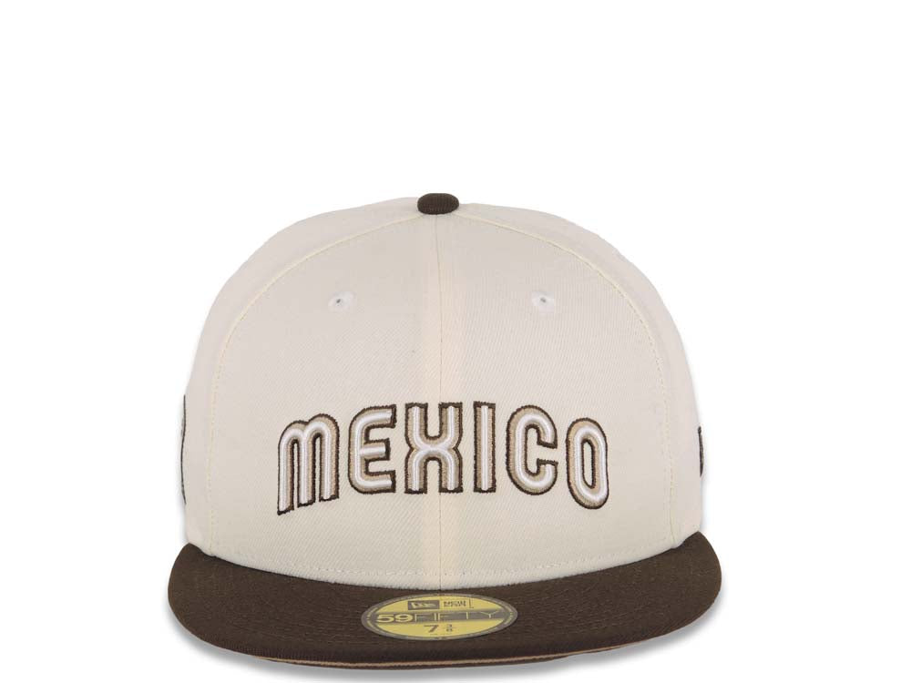 Mexico New Era World Baseball Classic WBC 59FIFTY 5950 Fitted Cap Hat Cream Crown Brown Visor Brown/White Logo Khaki UV