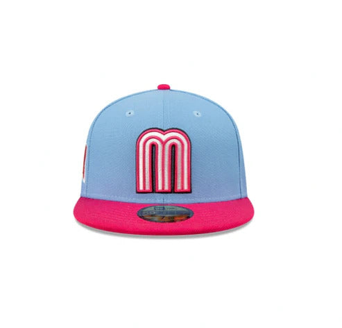 Mexico New Era World Baseball Classic WBC 59FIFTY 5950 Fitted Cap Hat Sky Blue Crown Magenta Visor White/Magenta Logo Gray UV