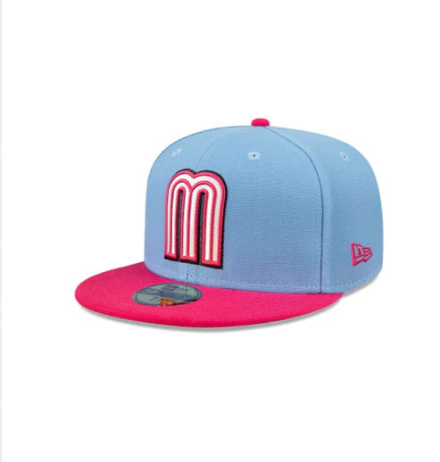 Mexico New Era World Baseball Classic WBC 59FIFTY 5950 Fitted Cap Hat Sky Blue Crown Magenta Visor White/Magenta Logo Gray UV